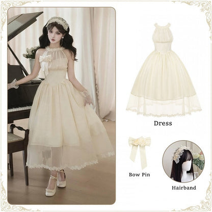 Waist Hairband Flower Halter Illusion Basque Dress Detachable Beige Bow Elegant Neck + Boned