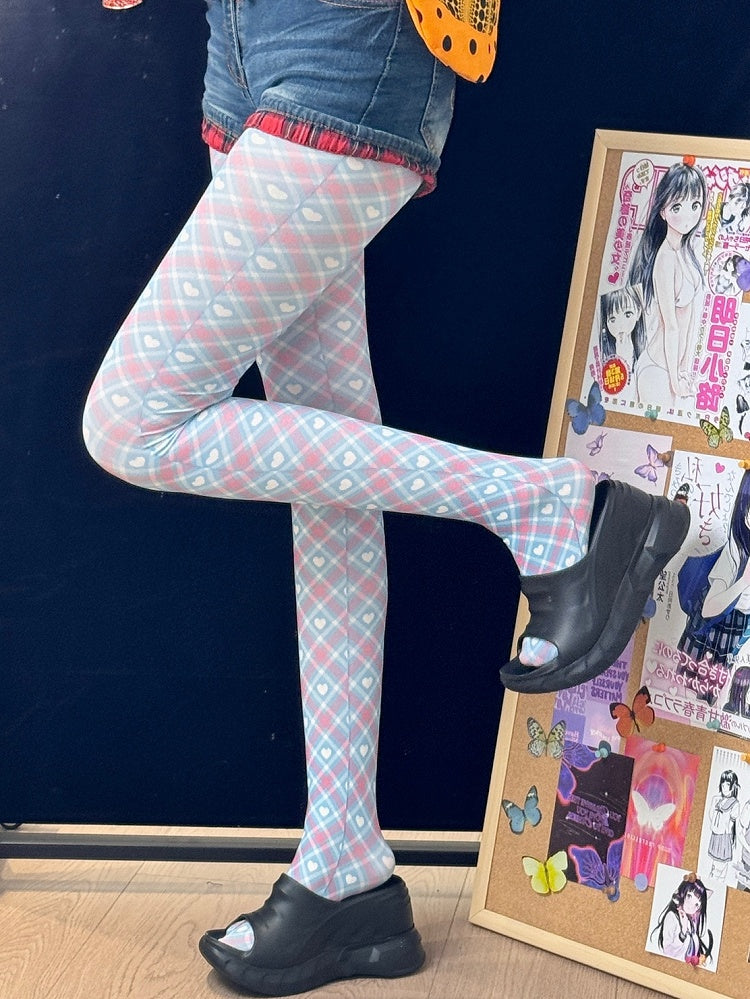 Heart Diamond Print Y2K Tights Pattern BluePink
