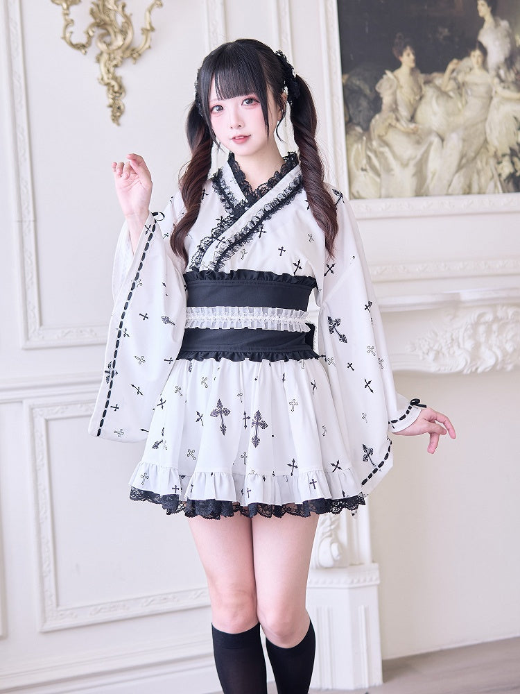 with Bell Sleeves Wrap Top Gothic Cross Print Black Jirai Kei Kimono-Style White