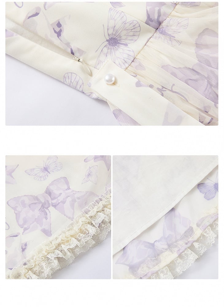 Robe Lolita violette à nœuds et papillons, décolleté deux façons de la porter