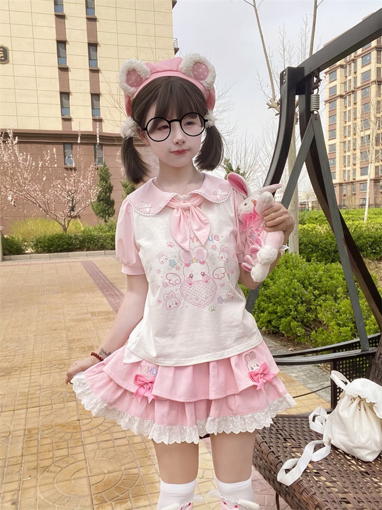 Tie T-Shirt Ears Heart Bunny Pink  White Peter Pan Collar Bunny