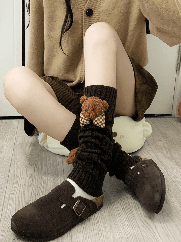 Jambières tricotées blanc lait Y2K avec peluche ours