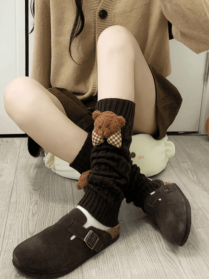Jambières tricotées blanc lait Y2K avec peluche ours