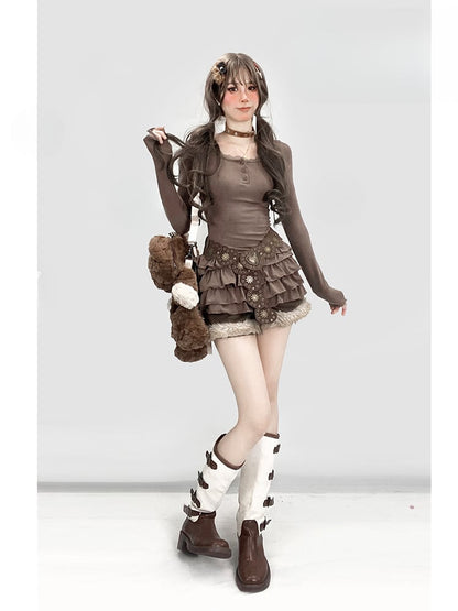 Vintage Brown Round Neck Lace Trim Glamorous Slim-fitting Mini Tiered Dress