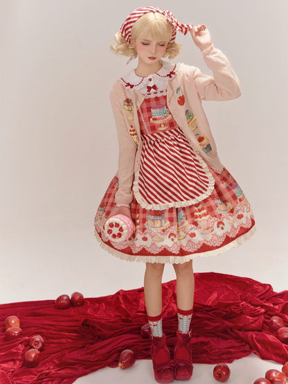 Red Gingham Pattern Cherry and Dessert Sweet Lolita Jumper Skirt