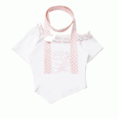 Blau mit Schal, kariertes Rosa/Baby-T-Shirt mit Seestern- und Muschel-Print und Rüschen am asymmetrischen Ausschnitt