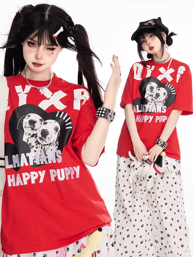 Red Crew Neck Dalmatian Print Vintage T-Shirt