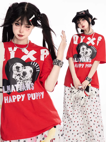 Red Crew Neck Dalmatian Print Vintage T-Shirt