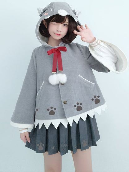 Grey Wolf Ears Paws Pattern Hooded Woolen Cape Tooth-shapedhem