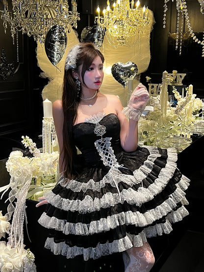Shimmering Black Corset Waist Layered Skirt Strapless Party Dress