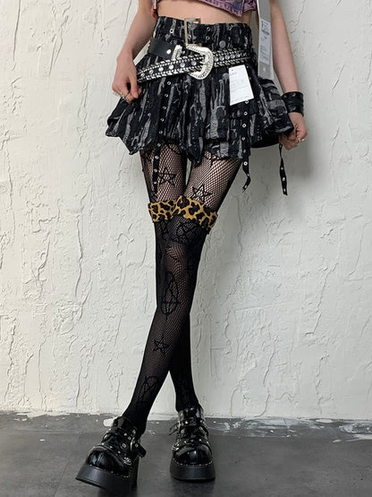 Schwarze Stulpen Overknee-Muster Y2K Strümpfe Halbtransparent Leopard