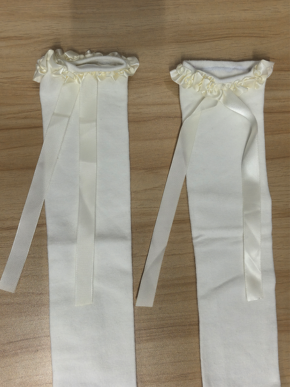 Milk White Sweet Ruffled Cuff Bowknot Underknee Stockings