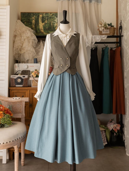 Blue Elegant Classic Lolita Corset Belt Waist MIdi Skirt