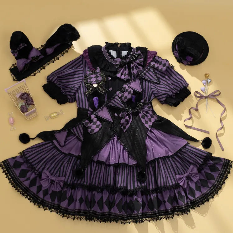 Sweet Pattern Striped Theme Circus Kuromi Vibes Lolita Bunny Purple Dress OP