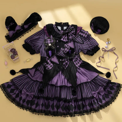 Sweet Pattern Striped Theme Circus Kuromi Vibes Lolita Bunny Purple Dress OP