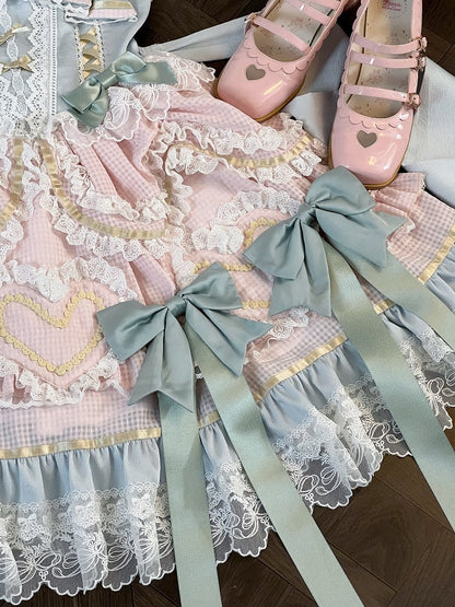 Mint Green Bows Pink and Blue Sweet Lolita Corset Dress with Choker