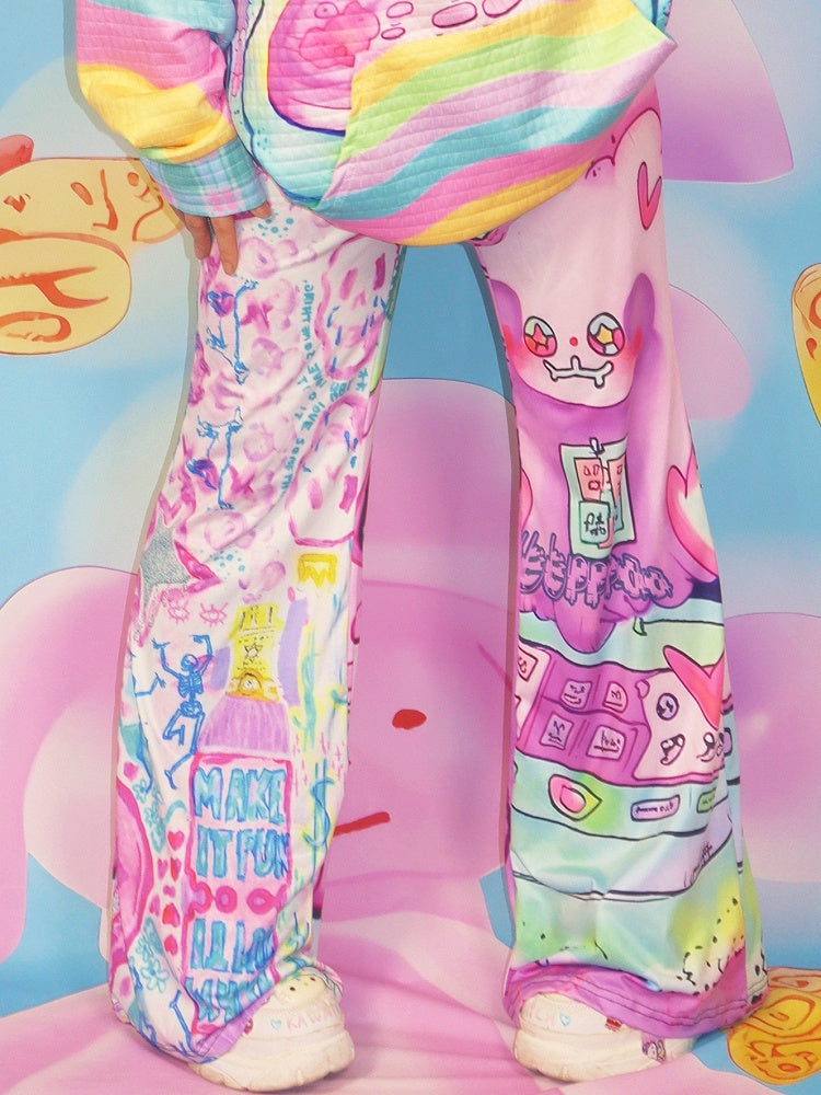 Cartoon Silhouette Pants Flare Print Y2K Colorful