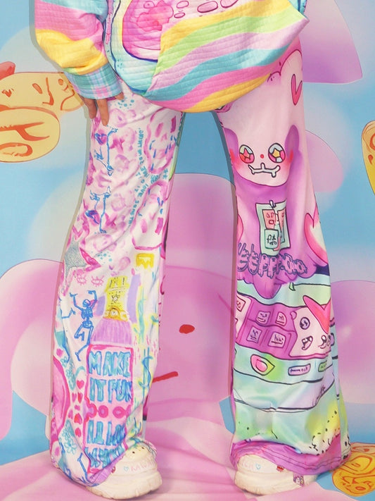 Cartoon Silhouette Pants Flare Print Y2K Colorful