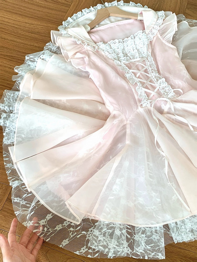 Trim Dress Flutter Sleeves Balletcore Pink Lace-up Waist Lace