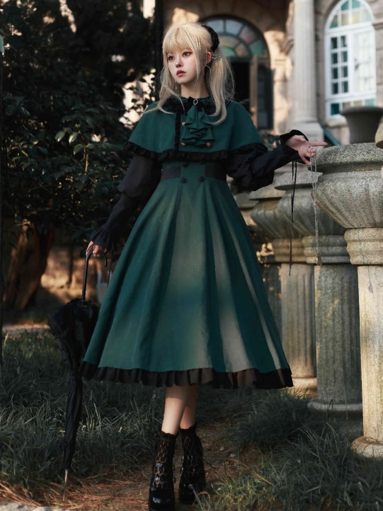 Dark Academia Green and Black Leg-of-Mutton Sleeves Lolita Dress