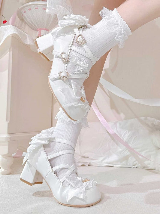 Lolita Crisscross Buckle Heels 5CM Bowknot Design Details Heart Shoes Block White Straps Sweet