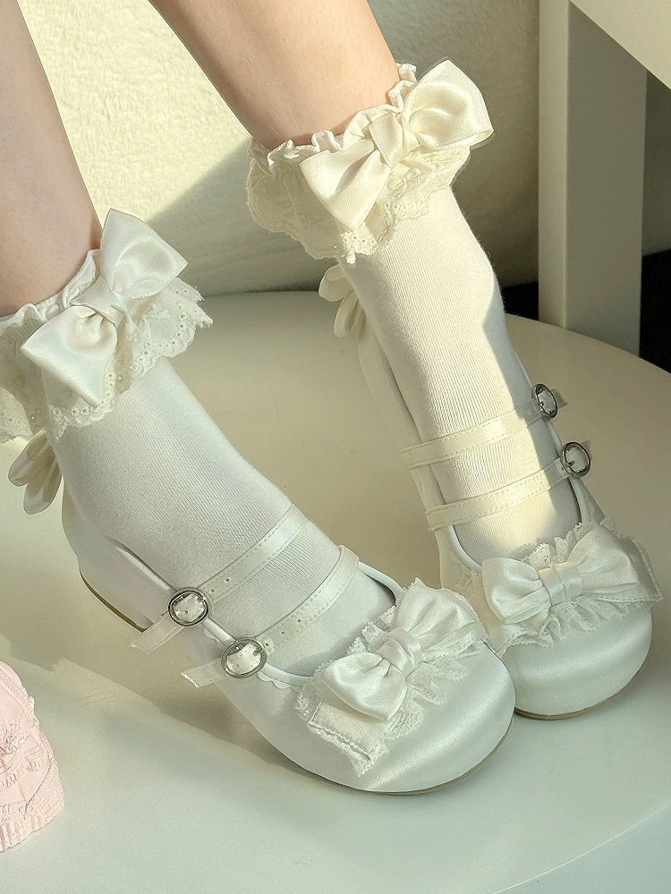 Sweet Janes Double with Mary Satin-Finish Lace Ruffled White Bow PU Lolita Buckles -