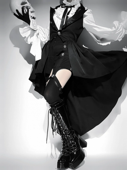 Black Blazer Lolita Prince Ouji Waistcoat Cascading Ruffle Collar Tailed