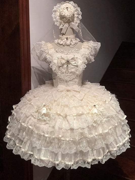 Lolita Butterfly Apricot Fabric Hime Hanayome Tiered Skirt Dress Bodice