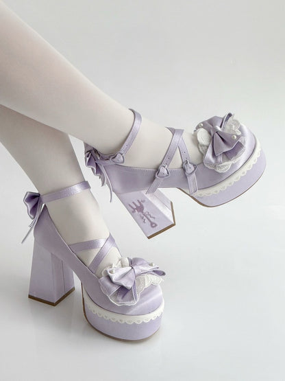 Purple Lolita Lace Bowknot Buckle Straps Fork Platform Block High Heels