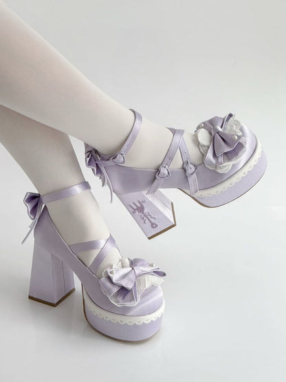 Straps Embroidery Platform Heels Fork High Bowknot Lolita Block Buckle Lace Purple