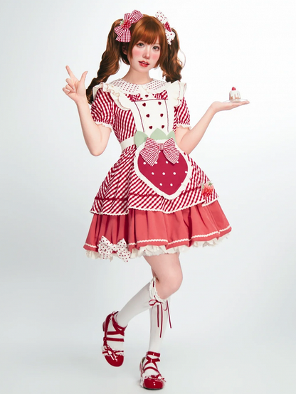 Dress with Plaid Lolita Collar Peter Pattern Strawberry Pan Sweet Pink Apron
