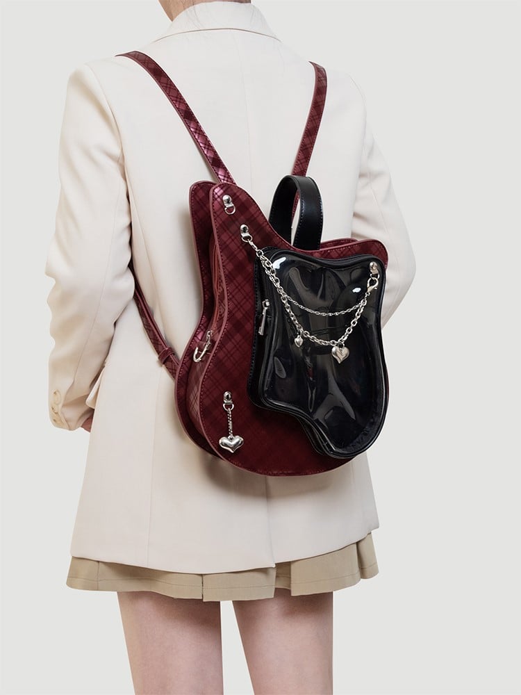 Edgy 2-Way Y2K Black  Red Plaid Guitar-Shaped Ita Bag With Heart Chain Accents