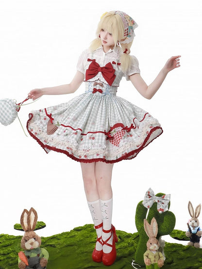 Cherry Dress Print Blue Lolita Sweet Jumper Skirt Red Gingham