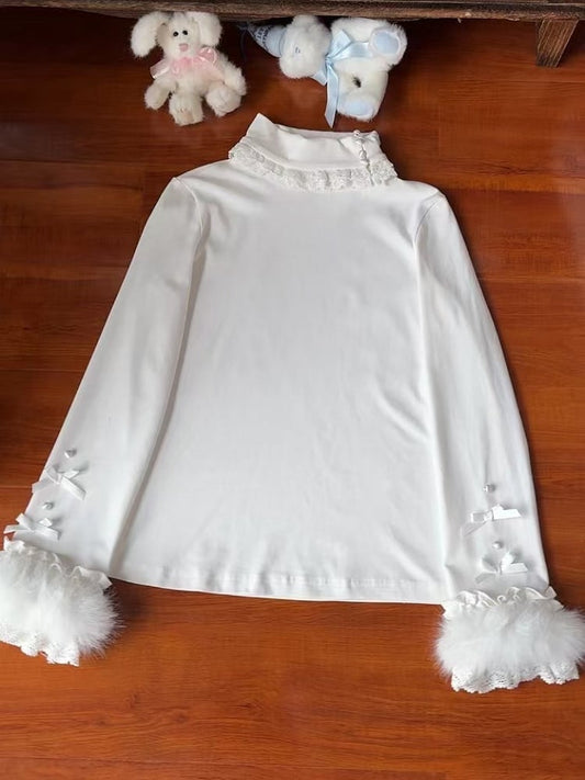 Cozy Knit High-Neck / Blue White Fur with Accents Top