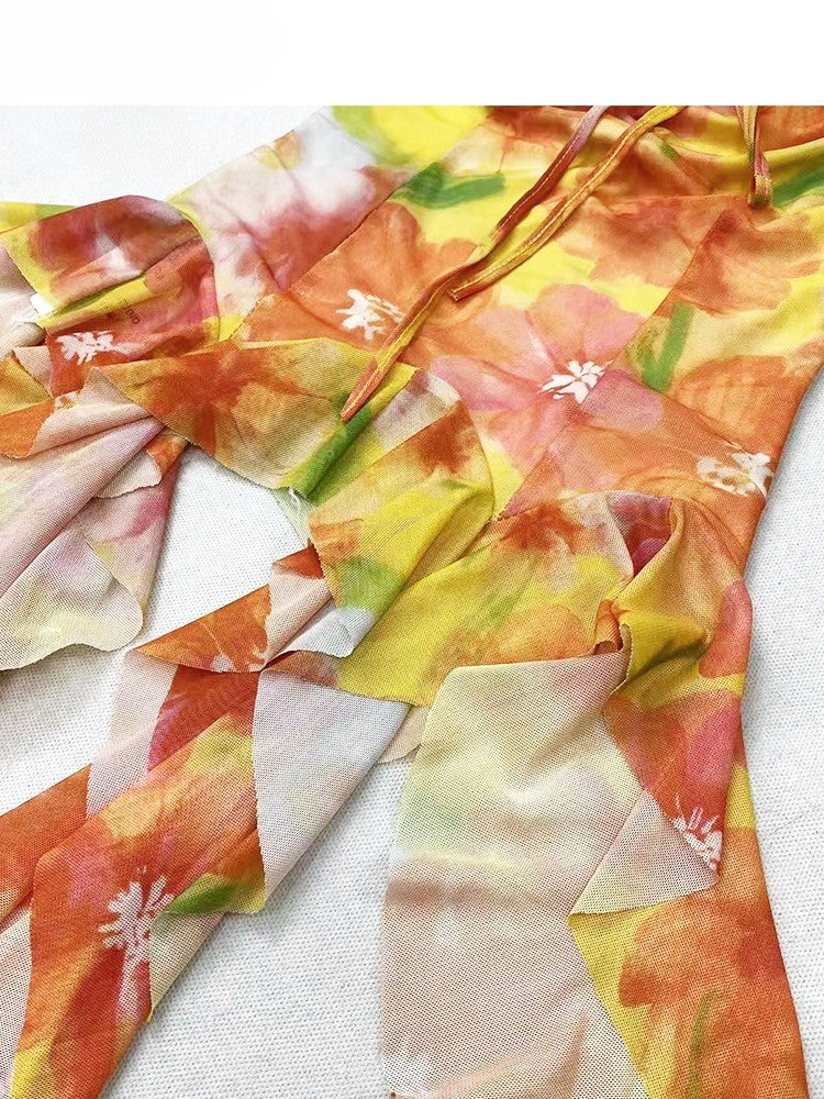 Print Top Ruffle Accents Orange Tube Holiday Floral Cascading