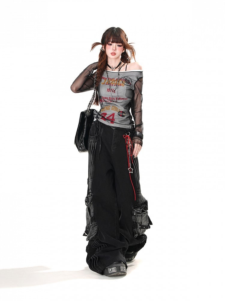 Pockets Black Wide-Leg Jeans Faded Wash Cargo Loose Acubi Fashion
