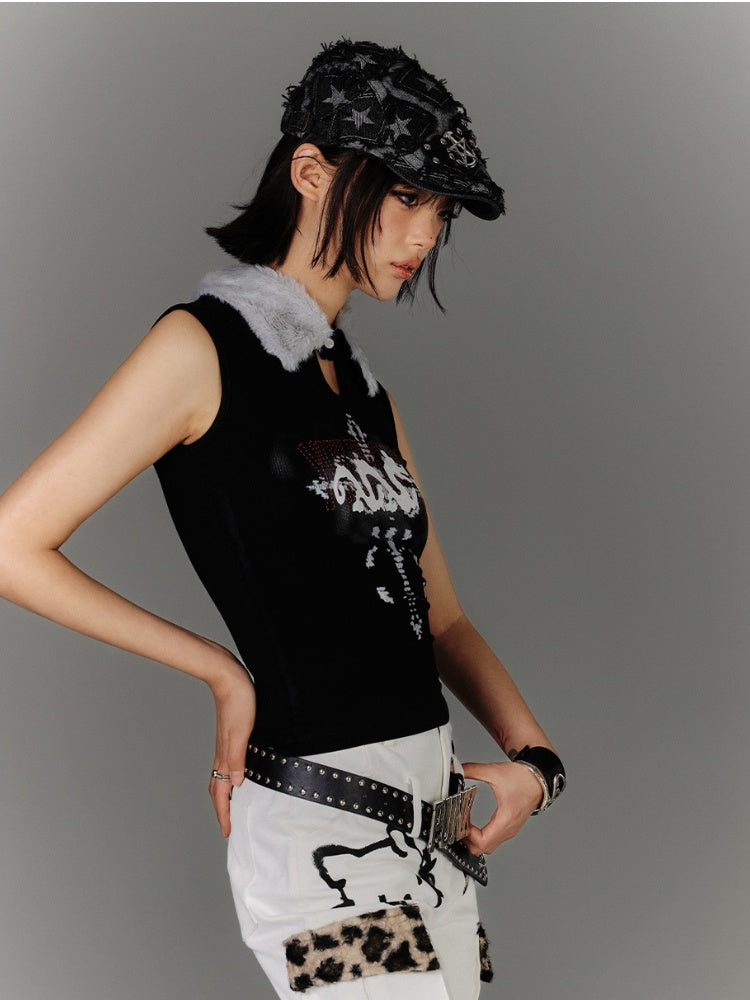 Keyhole Tank Top Y2K Black Plush Collar Snap Graphic Glamorous Neckline
