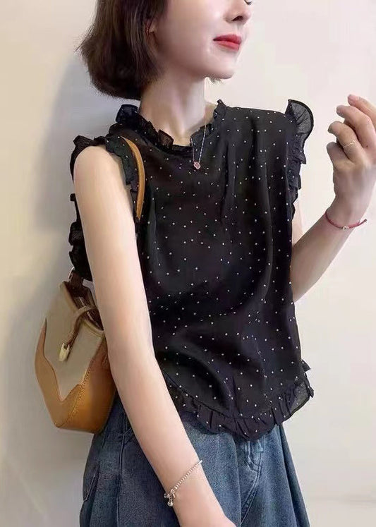 Sleeveless Dot Vests Black Chiffon Ruffled Print Beautiful