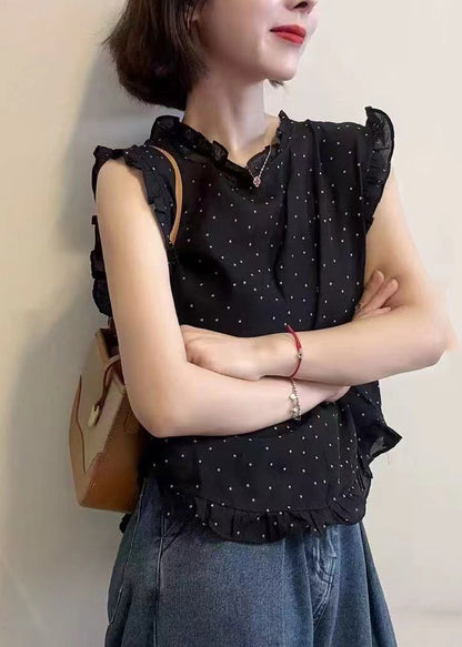 Ärmelloses Dot Westen Schwarz Chiffon Rüschen Druck Schöne