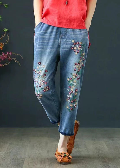 Jeansblaue Boho Sommerhose Bestickte Crop