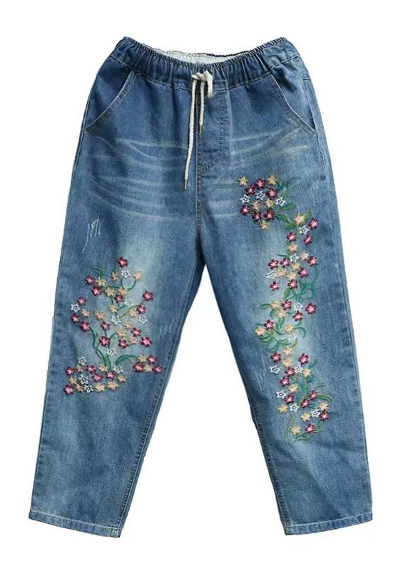 Jeansblaue Boho Sommerhose Bestickte Crop