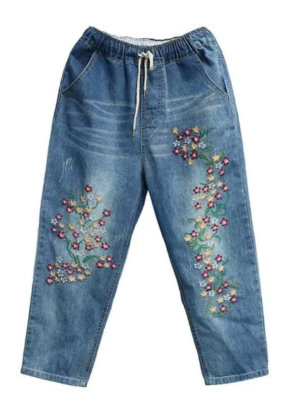 Jeansblaue Boho Sommerhose Bestickte Crop