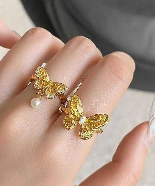 Pearl Set Gold Two-Piece Brief Butterfly Rings Alloy