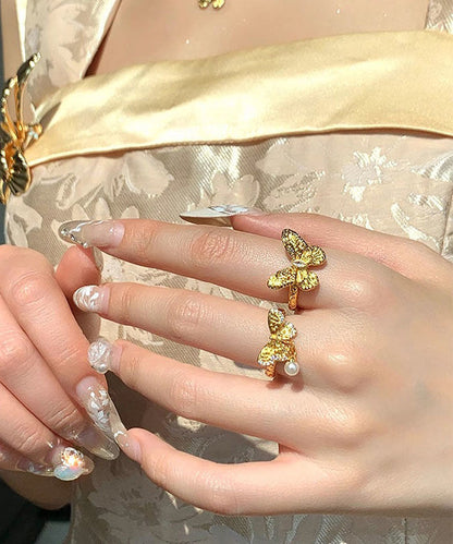 Pearl Set Gold Two-Piece Brief Butterfly Rings Alloy