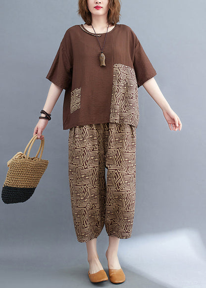 Brown Summer Set Patchwork Print Cotton Piece Two Asymmetrical