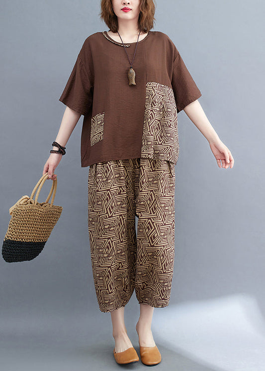 Brown Summer Set Patchwork Print Cotton Piece Two Asymmetrical