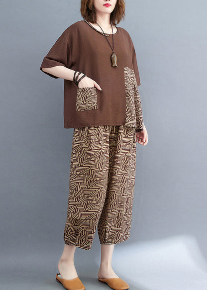 Brown Summer Set Patchwork Print Cotton Piece Two Asymmetrical
