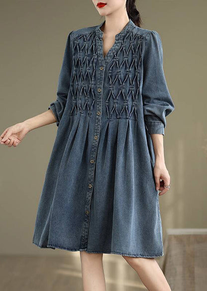 Sleeve Long Stand Dress Lantern Casual Collar Button Blue