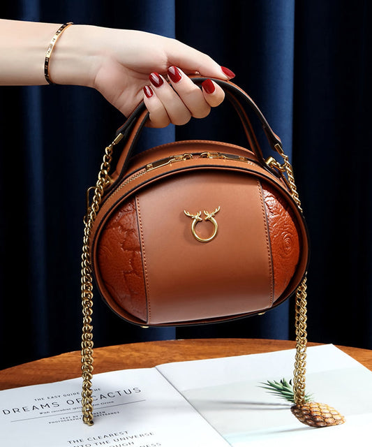 Round Versatile Casual Brown Leather Bag Calf
