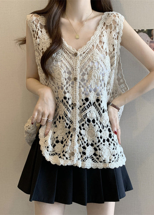 Neck Out Apricot Knit Vest V Hollow Sleeveless Chic